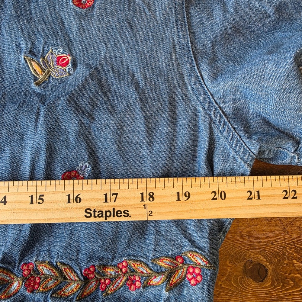 Karen Scott L Denim Dress Floral Embroidered Button Front Short Sleeve midi maxi - Picture 5 of 11